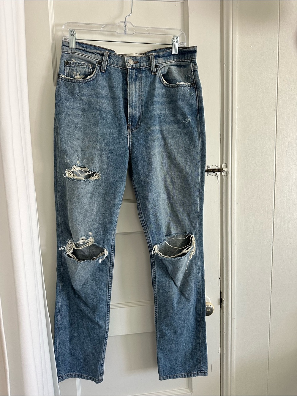 Reformation Distressed Blue Ripped Straight-Leg Jeans